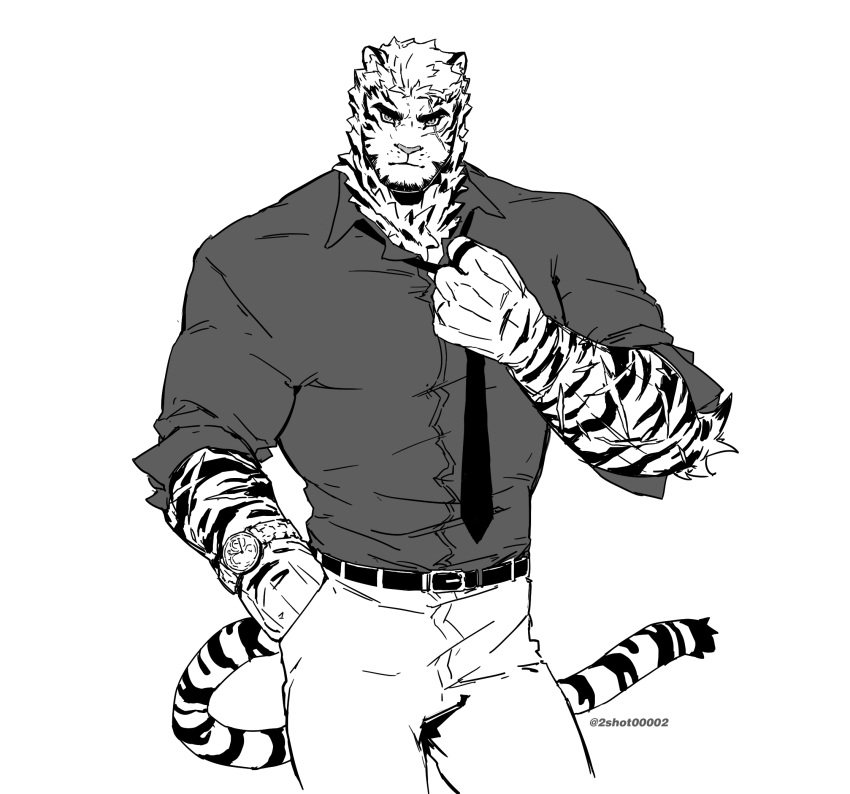 1boy adjusting_clothes adjusting_necktie alternate_costume animal_ears arknights bad_id bad_twitter_id bara cropped_legs formal frown furry furry_male greyscale highres korean_commentary looking_at_viewer loose_necktie male_focus monochrome mountain_(arknights) muscular muscular_male necktie pectorals salaryman scar scar_across_eye scar_on_face short_hair sigppang_(2shot00002) sleeves_rolled_up solo tiger_boy tiger_ears white_fur