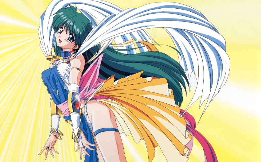 1990s_(style) armlet back_bow blue_eyes bow bracelet bridal_gauntlets can_can_bunny cowboy_shot female glint green_hair highres jewelry long_hair non-web_source official_art open_mouth panties pelvic_curtain retro_artstyle solo swatty_(can_can_bunny) thigh_strap underwear white_panties yellow_background