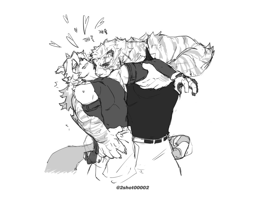 2boys animal_ears arknights bad_id bad_twitter_id bara bare_shoulders biting black_tank_top detached_sleeves dog_boy dog_ears furry furry_male furry_with_furry greyscale highres horns hung_(arknights) korean_commentary male_focus monochrome mountain_(arknights) multiple_boys muscular muscular_male pants pectorals scar scar_across_eye scar_on_face short_hair sigppang_(2shot00002) single_horn tank_top tiger_boy tiger_ears two-tone_fur white_fur white_pants yaoi