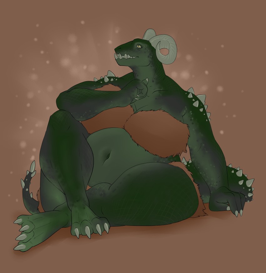 absurd_res anthro belly bestalsh big_belly big_breasts bottomwear bra breasts claws clothing crossed_legs female green_body green_scales hi_res horn huge_belly huge_breasts loincloth looking_content musclegut muscular muscular_legs navel reptilian_eyes scales scalie shanie_foxtrot simple_background sitting solo thick_thighs underbite underwear