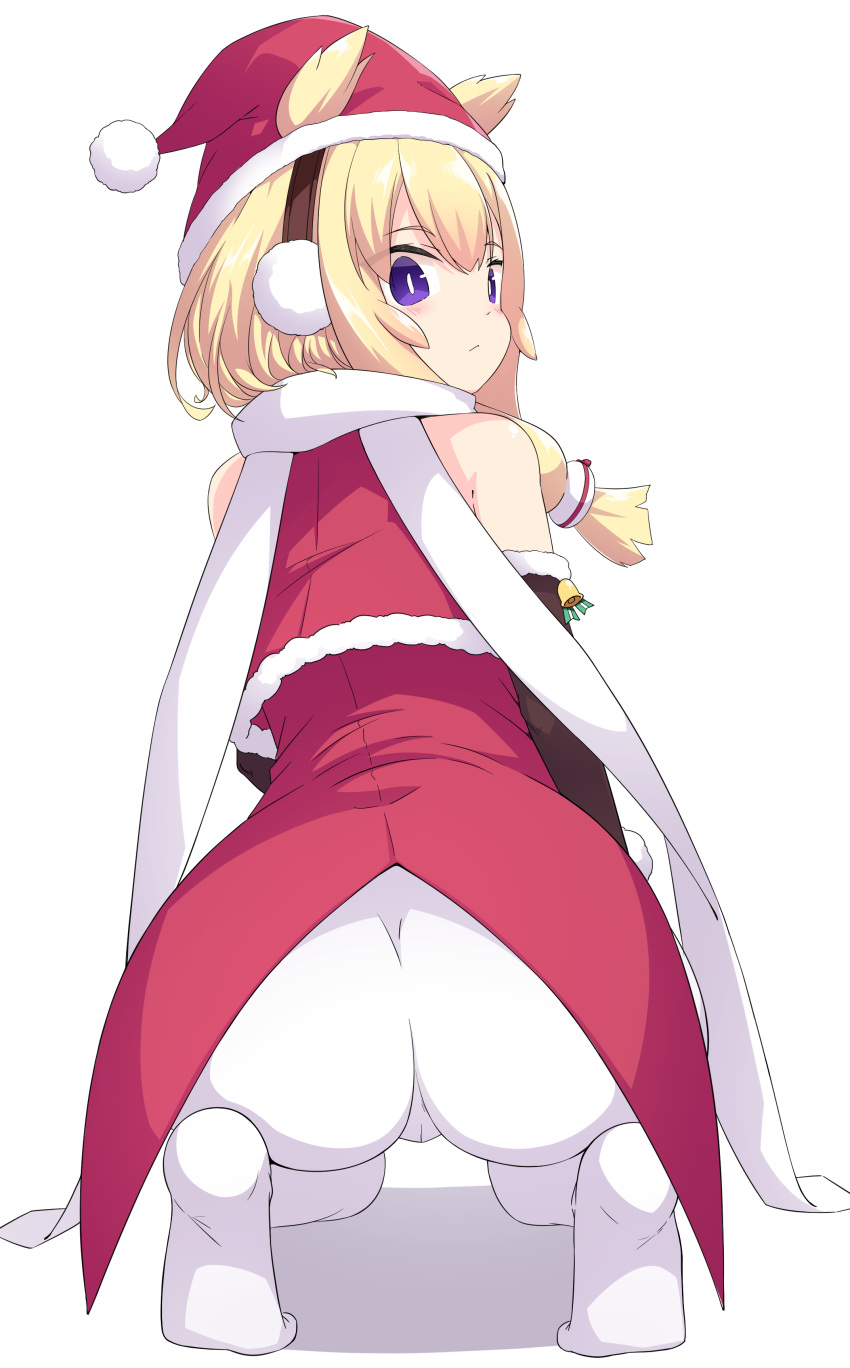 :< absurdres ass azur_lane bare_shoulders bell blonde_hair closed_mouth commentary_request earmuffs female from_behind hair_between_eyes hair_ears hat highres jingle_bell kandori kneeling looking_at_viewer looking_back official_alternate_costume pantyhose purple_eyes santa_costume santa_hat sidelocks simple_background solo twitter_username warspite_(azur_lane) warspite_(christmas_warrior)_(azur_lane) white_background white_pantyhose