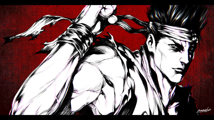 1boy absurdres airon_(ironboy1203) clenched_hand commentary_request dougi elbowing headband high_contrast highres male_focus monochrome muscular muscular_male nose portrait red_background short_hair signature sleeveless solo spiked_hair virtua_fighter yuki_akira