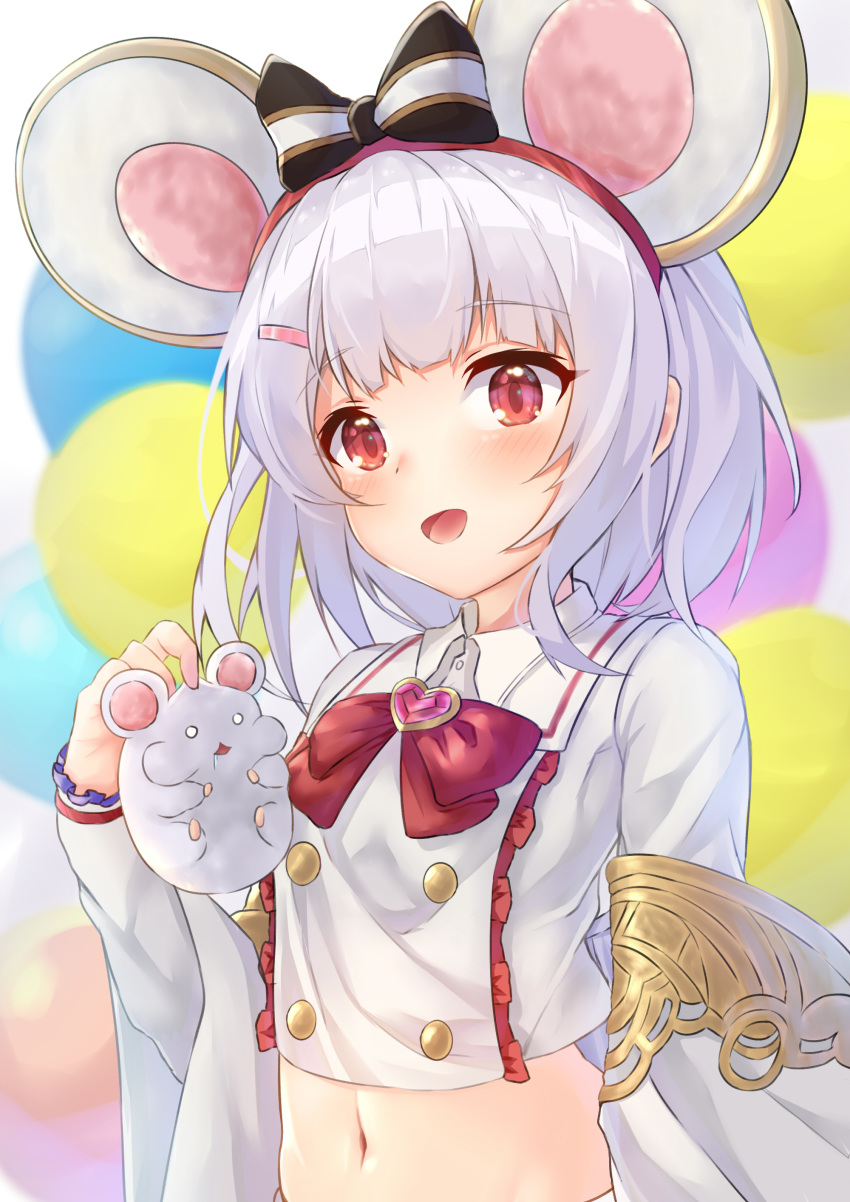 absurdres animal animal_ears blurry bow bowtie brooch buttons carrying chinese_commentary commentary_request crop_top detached_sleeves female granblue_fantasy hair_ornament hairband hairbow hairclip hand_up heart heart_brooch highres jewelry long_sleeves looking_at_viewer midriff mouse_(animal) mouse_ears navel open_mouth ponta_(velmar) red_eyes shirt short_hair smile solo upper_body vikala_(granblue_fantasy) white_hair white_shirt wide_sleeves wing_collar