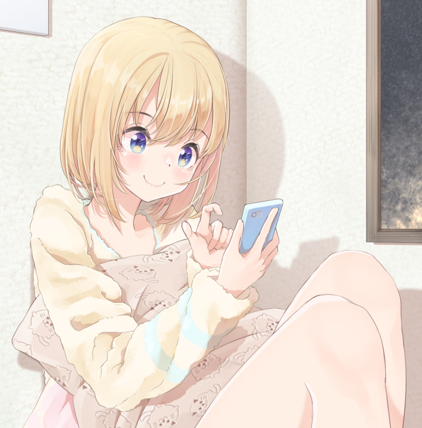 12_graka animal_print blonde_hair blue_eyes blush cat_print cellphone commentary female highres holding holding_phone indoors knees_up original pajamas phone pillow school_uniform short_hair sitting solo