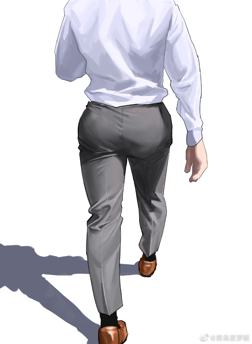 1boy ass ass_focus bad_id bad_weibo_id formal from_behind grey_pants head_out_of_frame highres kuroshima_kurishiro_(muyi24108414) leather_footwear male_focus original pants salaryman shadow shirt solo walking white_background white_shirt