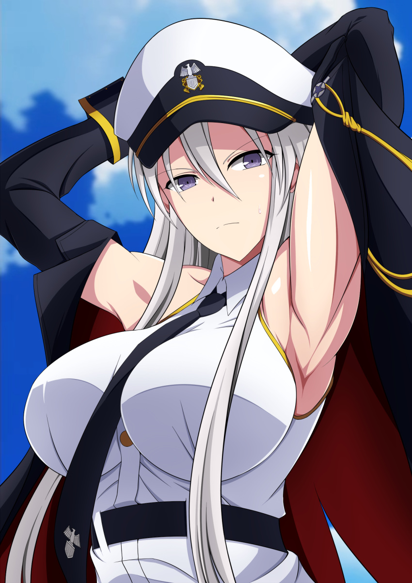 armpits arms_behind_head arms_up azur_lane bare_shoulders belt between_breasts black_belt black_coat black_necktie blurry blurry_background breasts cloud coat collared_shirt commentary_request day emblem enterprise_(azur_lane) female frown grey_hair hat highres large_breasts long_hair looking_at_viewer makiri_akira military_hat necktie necktie_between_breasts open_clothes open_coat peaked_cap print_necktie purple_eyes shirt sky sleeveless sleeveless_shirt solo star_(symbol) sweatdrop upper_body white_hat wrist_cuffs