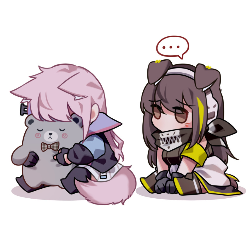 ... 2girls absurdres animal_ears armband black_gloves brown_eyes brown_hair chibi dog_ears dog_girl dog_tail girls'_frontline gloves green_hair headphones highres hugging_object jacket long_hair long_sleeves m4a1_(girls'_frontline) multicolored_hair multiple_girls pink_hair scarf simple_background sitting spoken_ellipsis st_ar-15_(girls'_frontline) streaked_hair stuffed_animal stuffed_toy tail white_background yuutama2804