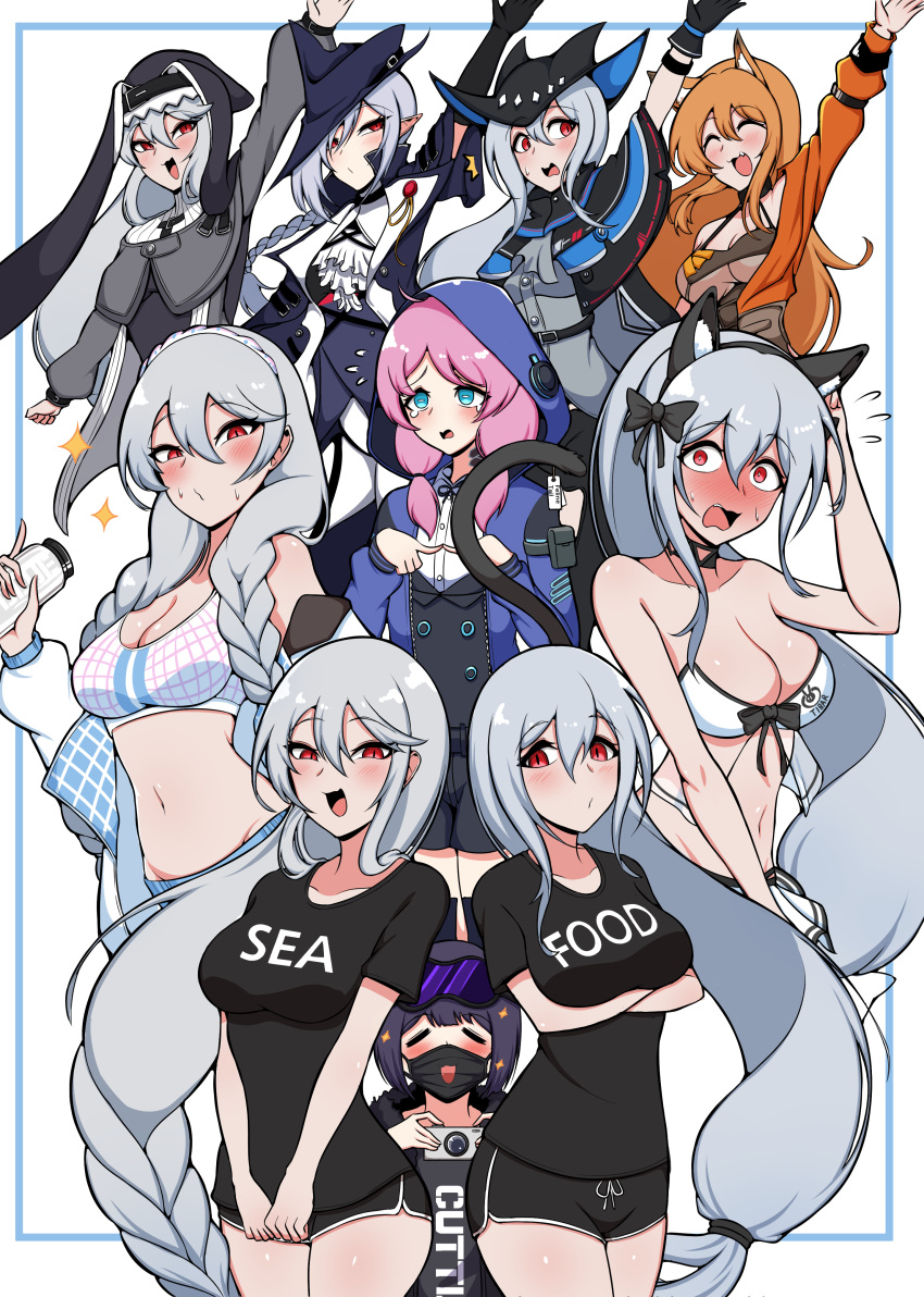 6+girls ^^^ absurdres andreana_(arknights) animal_ears arknights ascot bare_shoulders black_capelet black_coat black_collar black_dress black_gloves black_headwear black_shirt black_shorts blue_eyes blue_jacket blue_poison_(arknights) blue_poison_(arknights)_(cosplay) blue_poison_(shoal_beat)_(arknights) blush bottle bow braid breasts brown_hair camera camisole capelet cat_ears cat_tail ceobe_(arknights) ceobe_(summer_flowers)_(arknights) cleavage closed_eyes clothes_writing coat collar commentary cosplay crop_top dog_ears dress earrings embarrassed fake_animal_ears fake_tail gladiia_(arknights) gloves grey_ascot grey_capelet grey_dress grey_hair habit hair_between_eyes hairband hairbow hand_up hands_up hat highres holding holding_bottle holding_camera hood hooded_jacket index_fingers_together jacket jewelry korean_commentary long_hair long_sleeves looking_at_viewer low-tied_long_hair manggapaegtoli mask medium_breasts midriff mouth_mask multiple_girls multiple_persona nun off_shoulder official_alternate_costume open_clothes open_jacket open_mouth orange_jacket pink_hair purple_hair red_eyes shirt short_hair short_shorts shorts single_braid skadi_(arknights) small_breasts smile spaghetti_strap sparkle specter_(arknights) sports_bra surgical_mask swimsuit tail twin_braids underwear water_bottle white_ascot white_jacket white_sports_bra