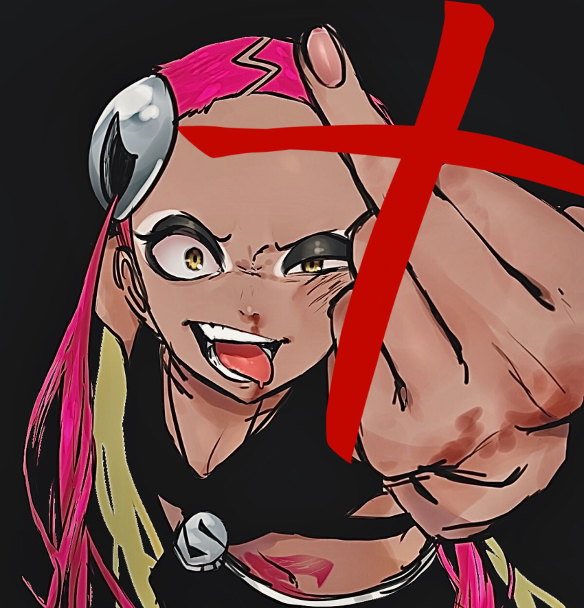 black_background black_pants blonde_hair censored censored_gesture commentary_request crop_top crossed_out echizen_(n_fns17) eyeshadow female hair_ornament half-closed_eye highres jewelry long_hair looking_at_viewer makeup middle_finger multicolored_hair necklace open_mouth pants pink_hair plumeria_(pokemon) pokemon pokemon_sm profanity quad_tails simple_background skull_hair_ornament skull_necklace smile solo stomach_tattoo tank_top tattoo team_skull teeth tongue tongue_out two-tone_hair yellow_eyes