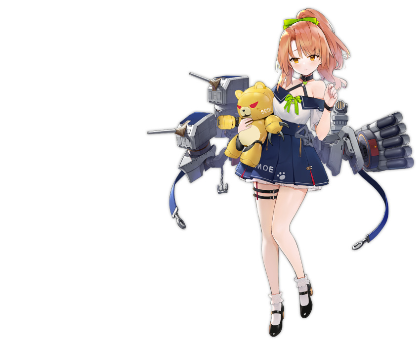 artillery azur_lane bare_shoulders beargguy_iii black_footwear blue_ribbon blue_skirt female full_body high_ponytail holding holding_toy long_hair looking_at_viewer miniskirt morrison_(azur_lane) off-shoulder_shirt off_shoulder official_art orange_eyes orange_hair ribbon rigging shirt skirt socks solo suisai_(suisao) thigh_strap torpedo_tubes toy transparent_background white_shirt white_socks