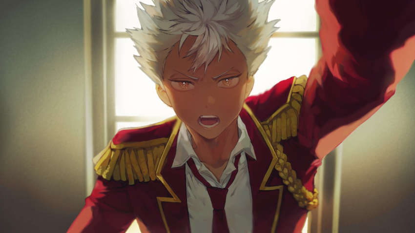 1boy arm_up bad_id bad_twitter_id collar collarbone collared_jacket collared_shirt commentary_request epaulettes grey_hair highres indoors jacket king_of_prism king_of_prism_by_prettyrhythm korean_commentary long_sleeves looking_at_viewer male_focus mgmg_1012 necktie nishina_kazuki open_clothes open_jacket open_mouth pretty_rhythm pretty_series red_jacket red_necktie shirt solo spiked_hair teeth upper_body white_shirt window yellow_eyes