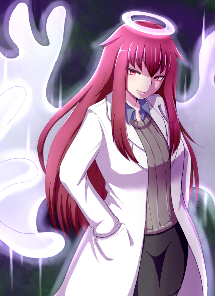 breasts collared_shirt female halo hands_in_pockets highres lab_coat long_hair looking_at_viewer medium_breasts mon-musu_quest! monster_girl open_mouth promestein raichi_(ddq0246) red_eyes red_hair shirt sidelocks simple_background smile solo sweater wings