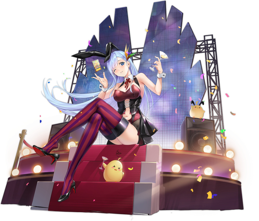 animal_ears azur_lane bare_shoulders black_footwear black_hair blue_eyes blue_hair bow bowtie breasts clothing_cutout cocktail_glass cup detached_collar drinking_glass fake_animal_ears female from_below full_body high_heels highres holding holding_cup large_breasts leotard long_hair looking_at_viewer manjuu_(azur_lane) navel_cutout official_alternate_costume official_art one_eye_closed playboy_bunny purple_thighhighs rabbit_ears red_bow red_bowtie red_thighhighs shoes sitting solo speaker stage stage_lights strapless strapless_leotard striped_clothes striped_thighhighs thighhighs ticonderoga_(azur_lane) ticonderoga_(show_stopper!)_(azur_lane) tomohiro_kai transparent_background two-tone_legwear very_long_hair wrist_cuffs