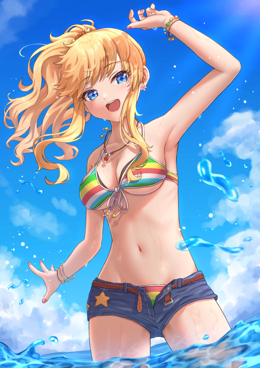 absurdres armpits bikini blonde_hair blue_eyes blue_sky bracelet breasts cloud commentary_request day denim denim_shorts dutch_angle earrings female flower_earrings high_ponytail highres idolmaster idolmaster_cinderella_girls jewelry large_breasts long_hair looking_at_viewer multicolored_bikini multicolored_clothes nail_polish navel ocean ohtsuki_yui open_mouth outdoors pink_nails shorts simoumi_217 sky solo string_bikini striped_bikini striped_clothes swimsuit water wet