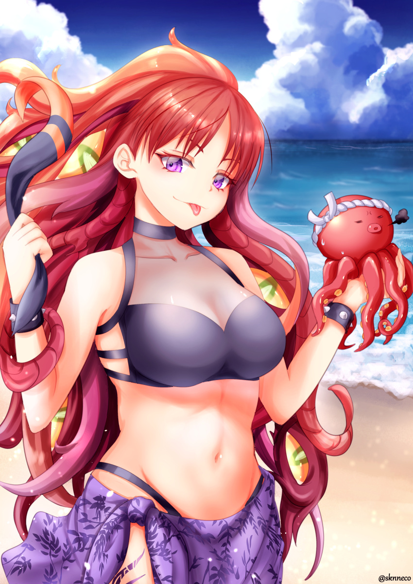 absurdres azathoth_(monster_strike) bikini breasts female highres large_breasts monneko monster_strike navel ocean outdoors purple_eyes red_hair solo stomach swimsuit tentacle_hair