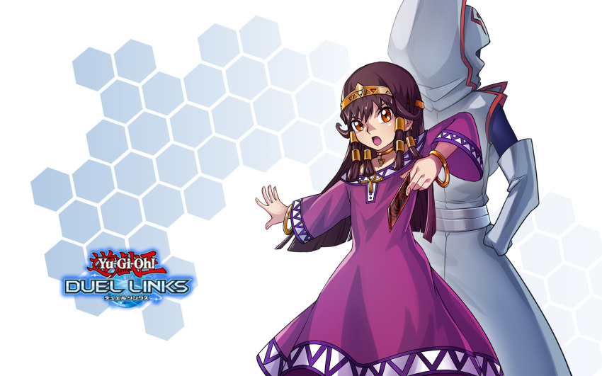 2girls ankh bracelet brown_eyes card choker copyright_name dress dual_persona egyptian_clothes hair_tubes hexagon highres holding holding_card jewelry long_sleeves multiple_girls off-shoulder_dress off_shoulder prana_(yu-gi-oh!) purple_dress sera_(yu-gi-oh!) tamagokake_candy wide_sleeves yu-gi-oh! yu-gi-oh!_duel_links yu-gi-oh!_the_dark_side_of_dimensions