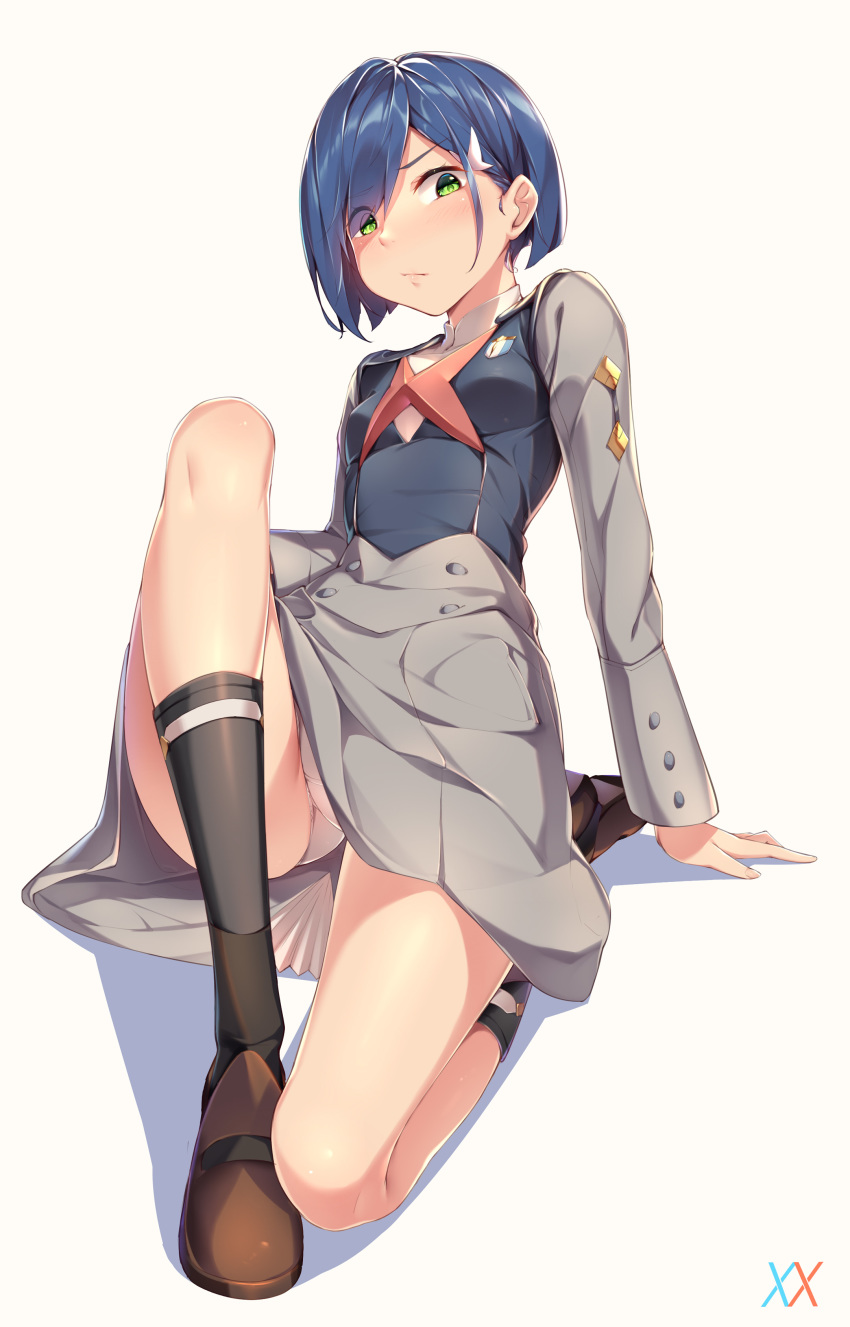 absurdres black_socks blue_hair blush breasts brown_footwear commentary darling_in_the_franxx eyes_visible_through_hair female full_body green_eyes grey_skirt hair_ornament high-waist_skirt highres ichigo_(darling_in_the_franxx) lips long_sleeves looking_at_viewer panties pantyshot parted_bangs sgt-jz shadow shirt shoes short_hair simple_background sitting skirt small_breasts socks solo thighs underwear uniform white_background white_panties