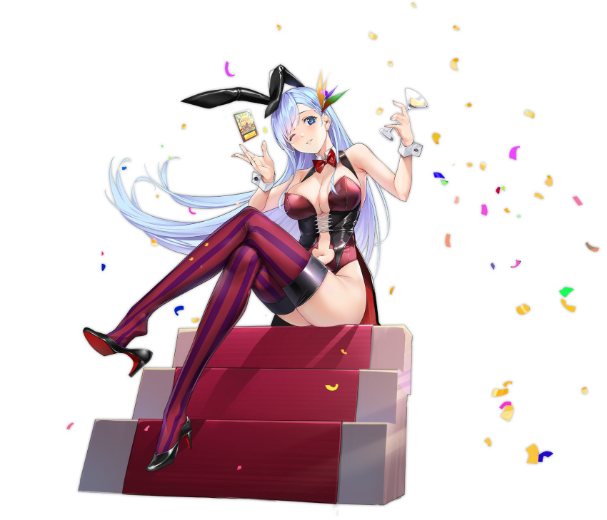 animal_ears azur_lane bare_shoulders black_footwear black_hair blue_eyes blue_hair bow bowtie breasts bustier cleavage clothing_cutout cocktail_glass cup detached_collar drinking_glass fake_animal_ears female from_below full_body high_heels highres holding holding_cup large_breasts leotard long_hair looking_at_viewer manjuu_(azur_lane) navel_cutout official_alternate_costume official_art one_eye_closed playboy_bunny purple_thighhighs rabbit_ears red_bow red_bowtie red_thighhighs shoe_dangle shoes sitting solo strapless strapless_leotard striped_clothes striped_thighhighs thighhighs ticonderoga_(azur_lane) ticonderoga_(show_stopper!)_(azur_lane) tomohiro_kai transparent_background two-tone_legwear vertical-striped_clothes vertical-striped_thighhighs very_long_hair wrist_cuffs