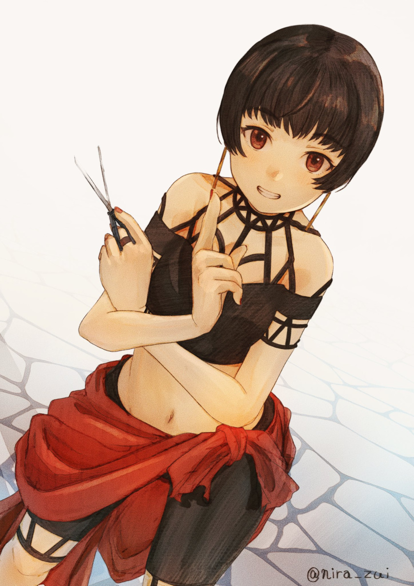 bike_shorts black_hair brown_eyes cross-laced_clothes earrings eilie_(suikoden) female gensou_suikoden gensou_suikoden_ii highres index_finger_raised jewelry knife korunosabu looking_at_viewer nail_polish navel short_hair smile solo standing throwing_knife twitter_username weapon