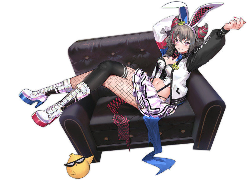 animal_ears armpits arms_up azur_lane bare_arms bare_shoulders bird black_legwear boots bow bowtie breasts bright_pupils chair chick cleavage crop_top detached_collar fake_animal_ears female fishnet_pantyhose fishnets grey_hair grin hair_horns hairband highres jacket knee_boots large_breasts long_hair looking_at_viewer manjuu_(azur_lane) midriff miniskirt multicolored_hair nagu nail_polish navel official_art open_clothes open_jacket pantyhose pink_eyes rabbit_ears reclining revealing_clothes san_francisco_(azur_lane) san_francisco_(funny_bunny!)_(azur_lane) shirt single_thighhigh sitting_sideways skirt smile solo stomach strapless strapless_shirt streaked_hair suspenders thighhighs transparent_background white_footwear white_shirt white_skirt wrist_cuffs