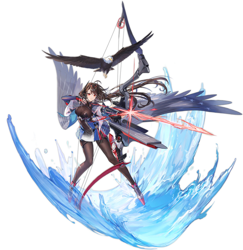 animal atdan azur_lane bald_eagle bird black_hair black_legwear bodystocking bow_(weapon) breasts character_name compound_bow eagle female highres independence_(azur_lane) large_breasts long_hair looking_at_viewer official_art pantyhose red_eyes retrofit_(azur_lane) rigging transparent_background weapon wings