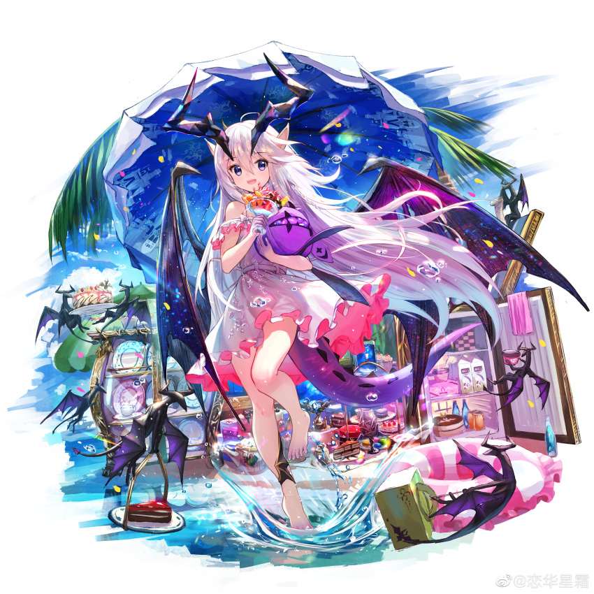 :d absurdres bare_legs barefoot beach_umbrella cake cake_slice chinese_commentary clover_theater commentary_request creature dragon_girl dragon_horns dragon_tail dragon_wings dress fafnir_(clover_theater) female food frilled_dress frills full_body hair_between_eyes highres horns innertube legs long_hair looking_at_viewer open_mouth palm_tree plate pointy_ears prinz_eugen1938 purple_eyes refrigerator smile solo standing standing_on_one_leg swim_ring tail tree umbrella very_long_hair water weibo_watermark white_dress white_hair wings