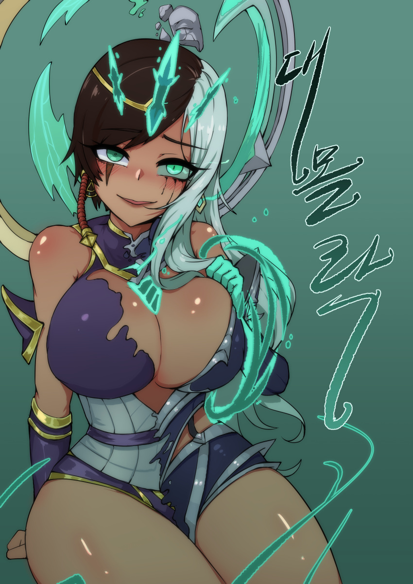 absurdres aura bare_shoulders blush breasts brown_hair circlet corruption crack crown crying crying_with_eyes_open dark-skinned_female dark_persona dark_skin eyes_visible_through_hair facial_mark female floating floating_object gradient_background green_background green_eyes green_theme highres karma_(league_of_legends) korean_commentary league_of_legends long_hair looking_at_viewer multicolored_hair parted_lips possessed ppyumeuleulu shiny_skin sitting slit_pupils smile solo tears torn torn_clothes white_hair