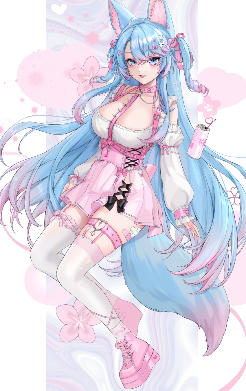 absurdres ahoge animal_ear_fluff animal_ears bandaid bandaid_on_thigh blue_eyes blue_hair blue_tail breasts can cleavage collar cross detached_sleeves dress drink_can female garter_straps hair_ornament hair_ribbon heart heart_hair_ornament highres large_breasts long_hair looking_at_viewer multicolored_hair multicolored_tail oerba_yun_fang open_mouth pink_bandaid pink_collar pink_footwear pink_garter_straps pink_hair pink_ribbon pink_skirt pink_tail ribbon saga666 second-party_source shoes silvervale skirt soda_can solo streaked_hair tail thigh_strap thighhighs virtual_youtuber vshojo white_dress white_sleeves white_thighhighs wolf_ears wolf_girl wolf_tail