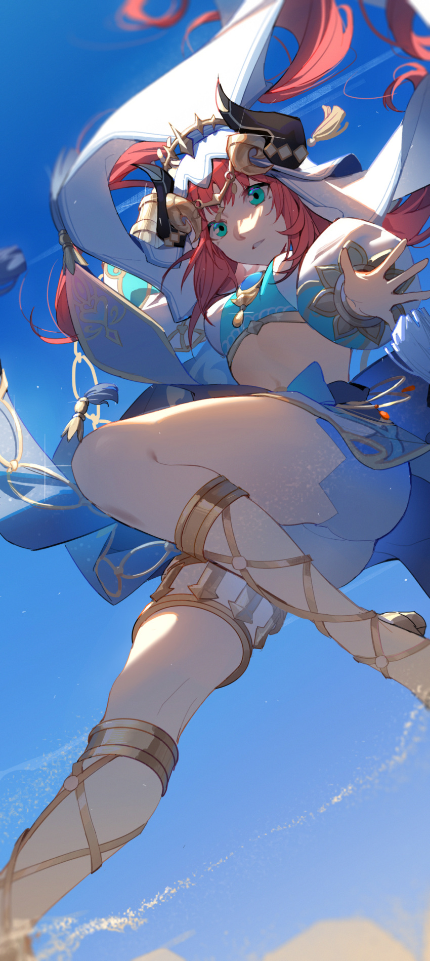 absurdres blue_gemstone breasts brooch circlet crop_top dancer fake_horns female foot_out_of_frame gem genshin_impact gladiator_sandals gold_footwear gold_trim green_eyes harem_outfit highres horns jewelry kneepits legs long_hair long_sleeves medium_breasts newflame nilou_(genshin_impact) parted_lips puffy_sleeves red_hair sandals skirt solo stomach thighlet thighs twintails veil white_headdress white_veil