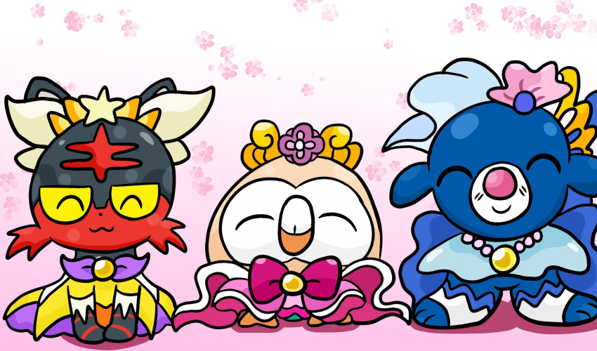 ^_^ closed_eyes commentary cosplay cure_flora cure_flora_(cosplay) cure_mermaid cure_mermaid_(cosplay) cure_twinkle cure_twinkle_(cosplay) go!_princess_precure gradient_background highres kiravera8 litten no_humans pink_background pokemon pokemon_(creature) popplio precure rowlet