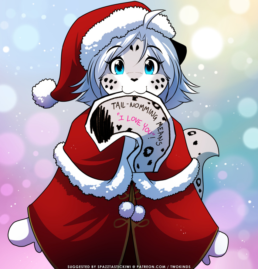 2019 2020 :3 adobe_photoshop_(artwork) anthro blue_eyes christmas christmas_card christmas_clothing christmas_headwear clothed clothing colored conditional_dnp digital_media_(artwork) dress english_text felid female fur fur_trim_(clothing) gradient_background grey_body grey_fur grey_hair hair hat headgear headwear hi_res holidays keidran lolicon looking_at_viewer maeve_(twokinds) mammal markings multicolored_body multicolored_fur nom object_in_mouth pantherine santa_hat simple_background smile snow snow_leopard solo spots spotted_body spotted_fur text tom_fischbach twokinds url white_body white_fur young young_anthro