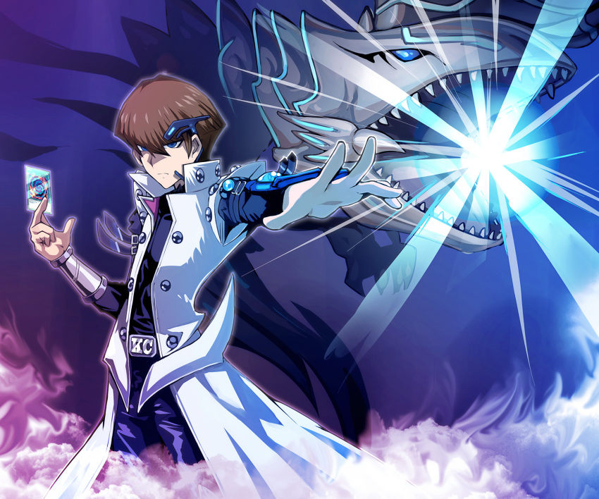 1boy bad_id bad_pixiv_id black_pants blue-eyes_alternative_white_dragon blue_eyes brown_hair card closed_mouth coat cowboy_shot dragon duel_disk duel_monster energy hair_between_eyes highres holding holding_card kaiba_seto male_focus open_mouth pants polymerization powering_up sharp_teeth short_hair tamagokake_candy teeth white_coat yu-gi-oh! yu-gi-oh!_duel_monsters yu-gi-oh!_the_dark_side_of_dimensions