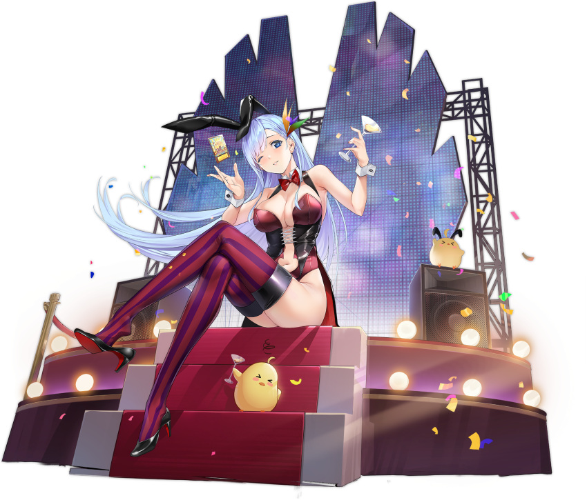 animal_ears azur_lane bare_shoulders black_footwear black_hair blue_eyes blue_hair bow bowtie breasts cleavage clothing_cutout cocktail_glass cup detached_collar drinking_glass fake_animal_ears female from_below full_body high_heels highres holding holding_cup large_breasts leotard long_hair looking_at_viewer manjuu_(azur_lane) navel_cutout official_alternate_costume official_art one_eye_closed playboy_bunny purple_thighhighs rabbit_ears red_bow red_bowtie red_thighhighs shoe_dangle shoes sitting solo speaker stage stage_lights strapless strapless_leotard striped_clothes striped_thighhighs thighhighs ticonderoga_(azur_lane) ticonderoga_(show_stopper!)_(azur_lane) tomohiro_kai transparent_background two-tone_legwear very_long_hair wrist_cuffs