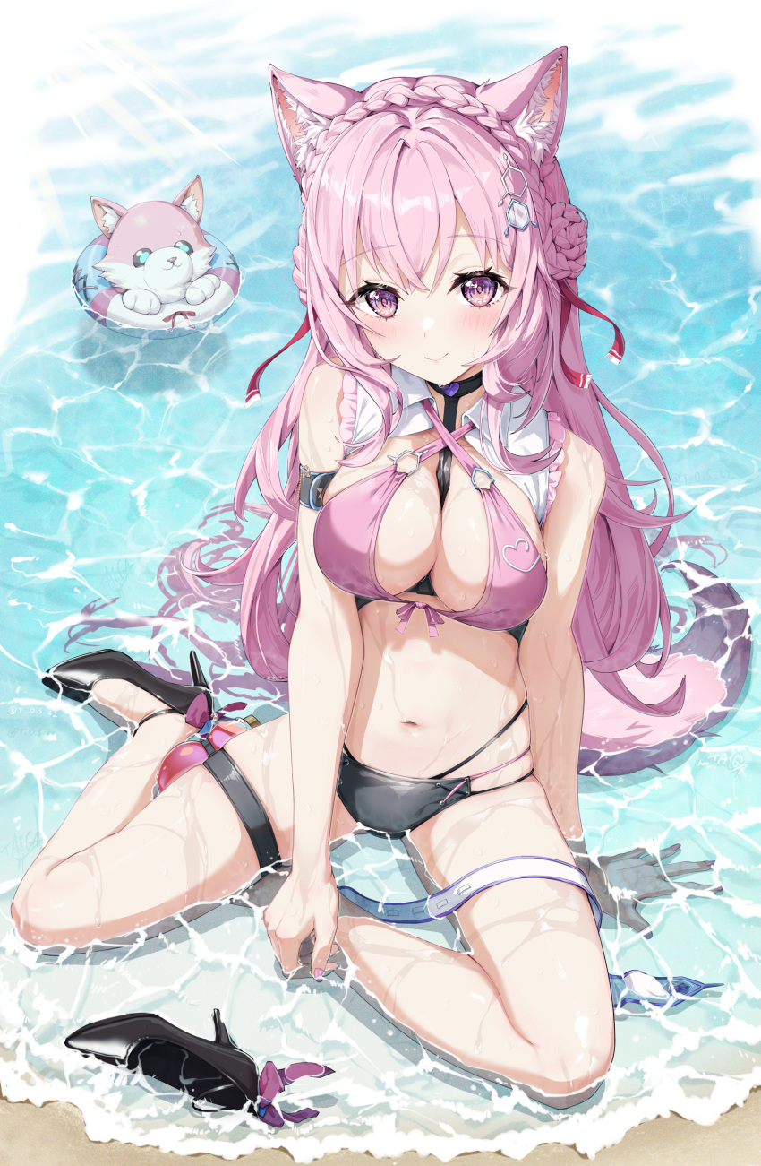 absurdres animal_ear_fluff animal_ears bangs bikini blush braid breasts choker cleavage coyote_ears coyote_girl crown_braid female hair_ornament hakui_koyori high_heels highres hololive kokoro_(hakui_koyori) large_breasts long_hair looking_at_viewer midriff navel ocean pink_hair purple_eyes smile solo swimsuit taiga_(ryukyu-6102-8) thigh_strap virtual_youtuber wet