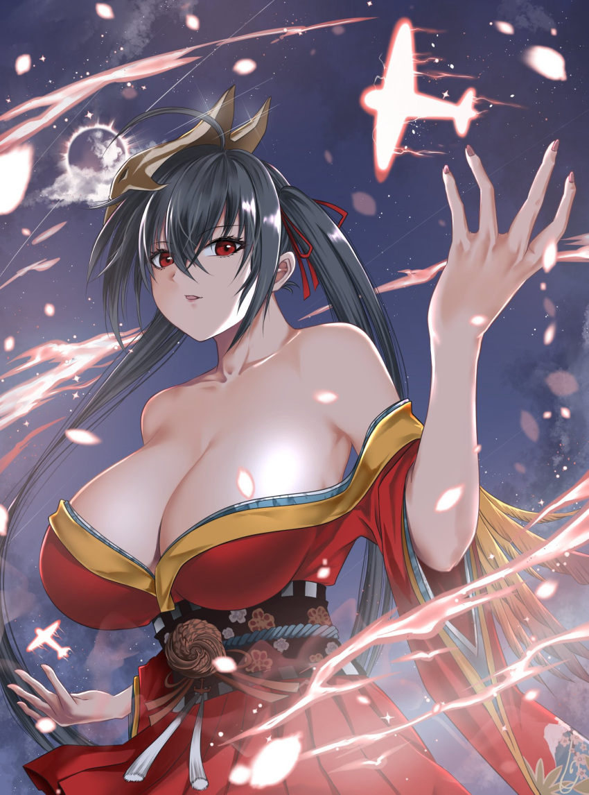 azur_lane bare_shoulders black_hair breasts cleavage crossed_bangs female gigantic_breasts hair_between_eyes haru_(hr_works) highres japanese_clothes kimono long_hair magic mask mask_on_head off_shoulder red_eyes red_kimono red_ribbon red_skirt ribbon skirt solo taihou_(azur_lane) twintails very_long_hair wide_sleeves