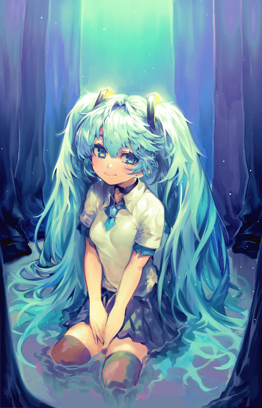 absurdres between_legs black_choker black_skirt blonde_hair breasts brown_thighhighs choker closed_mouth collared_shirt commentary female glowing green_eyes hair_between_eyes hands_on_lap hatsune_miku highres long_hair looking_at_viewer maido_mido pleated_skirt seiza shallow_water shirt short_sleeves sitting skirt small_breasts smile solo thighhighs tree twintails v_arms very_long_hair vocaloid water white_shirt