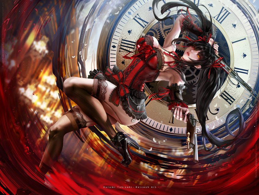 black_footwear black_hair black_thighhighs breasts choker clock clock_eyes commentary date_a_live detached_sleeves dress english_commentary female garter_straps gothic_lolita gun hairband heterochromia high_heels highres holding holding_gun holding_weapon javier_estrada large_breasts lolita_fashion lolita_hairband long_hair parted_lips red_eyes roman_numeral solo symbol-shaped_pupils thighhighs thighs tokisaki_kurumi twintails uneven_twintails very_long_hair weapon yellow_eyes