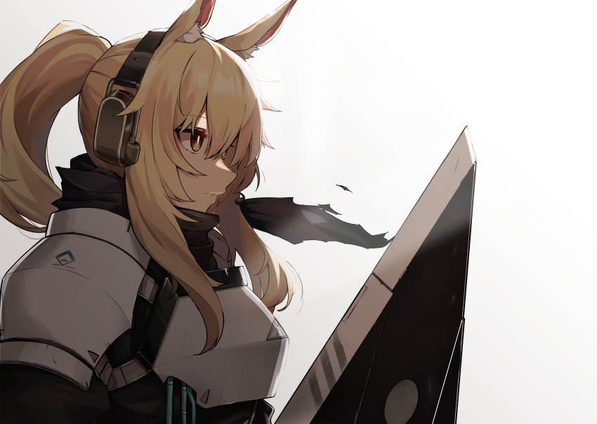 absurdres animal_ear_fluff animal_ears arknights armor blonde_hair breastplate brown_eyes commentary female from_side gradient_background grey_background headphones highres horse_ears horse_girl long_hair nearl_(arknights) nemoga pauldrons ponytail shield shoulder_armor sidelocks solo upper_body white_background