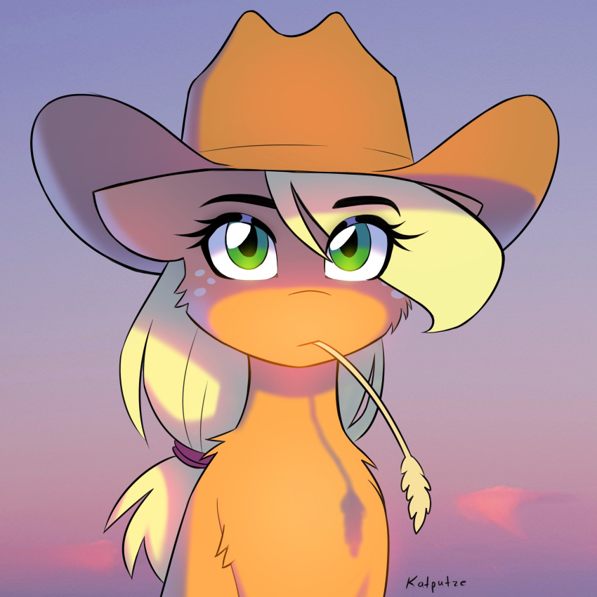 absurd_res applejack_(mlp) blonde_hair cheek_tuft clothing cowboy_hat digital_media_(artwork) earth_pony equid equine eyebrow_through_hair eyebrows eyelashes facial_tuft female feral freckles friendship_is_magic fur green_eyes hair hasbro hat head_tuft headgear headwear hi_res horse katputze mammal mouth_hold my_little_pony orange_body orange_fur pony signature solo straw_in_mouth translucent translucent_hair tuft