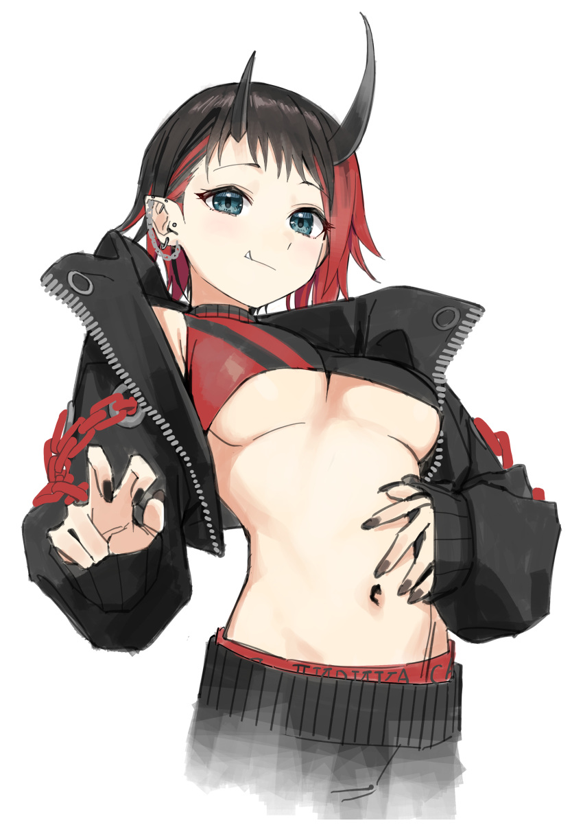 absurdres black_hair black_jacket black_nails black_pants black_sports_bra blue_eyes blush breasts closed_mouth commentary cowboy_shot demon_girl demon_horns ear_chain ear_piercing earrings female highres horns jacket jewelry large_breasts looking_at_viewer multicolored_hair nanashi_inc. navel open_clothes open_jacket pants piercing pointy_ears red_hair ryugasaki_rene ryugasaki_rene_(1st_costume) short_hair simple_background smile solo sports_bra sugar_lyric syhan two-tone_hair two-tone_sports_bra underbite underboob virtual_youtuber white_background zipper