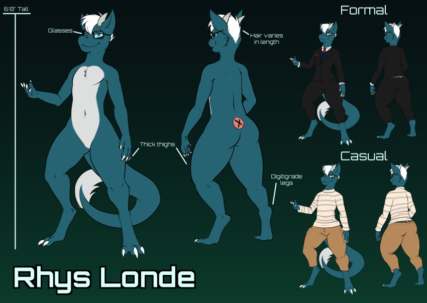 2019 absurd_res anthro blue_body blue_fur claws clothed clothing costume digital_drawing_(artwork) digital_media_(artwork) dragon english_text eyewear fur furred_dragon furred_scalie glasses handkerchief hi_res kerchief male mammal model_sheet mythological_creature mythological_scalie mythology nude pheonixbat pocket_square rhys rhys_londe scalie simple_background solo standing suit sweater tail text topwear