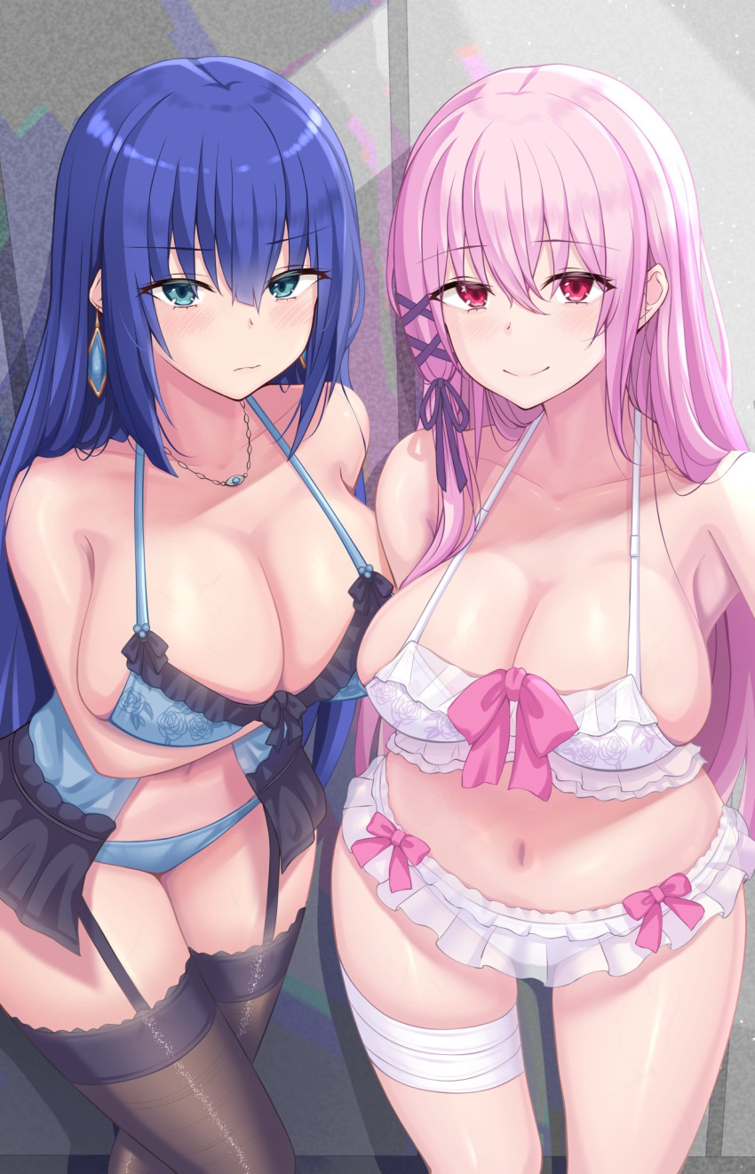 2girls bad_id bad_pixiv_id black_thighhighs blue_eyes blue_hair blush breasts chin_gero cleavage earrings engage_kiss frills garter_straps highres jewelry kisara_(engage_kiss) large_breasts lingerie looking_at_viewer multiple_girls necklace pink_hair pink_ribbon red_eyes ribbon skindentation smile thighhighs underwear veins veiny_breasts yuugiri_ayano