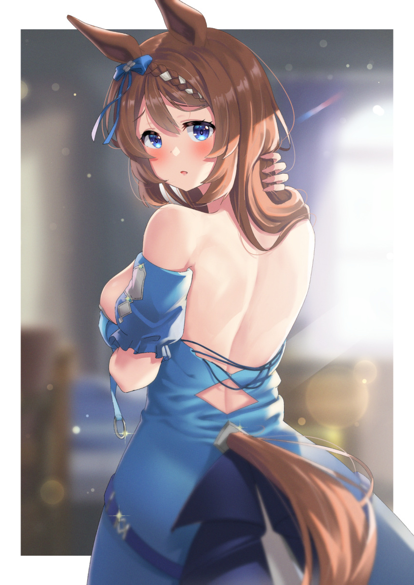 animal_ears backless_dress backless_outfit bare_back bare_shoulders blue_dress blue_eyes blush braid braided_bangs breasts brown_hair commentary_request cowboy_shot cstv detached_sleeves dress embarrassed female hair_between_eyes highres horse_ears horse_girl horse_tail large_breasts lens_flare long_hair looking_at_viewer median_furrow puffy_detached_sleeves puffy_short_sleeves puffy_sleeves short_sleeves solo super_creek_(umamusume) tail two-tone_dress umamusume very_long_hair