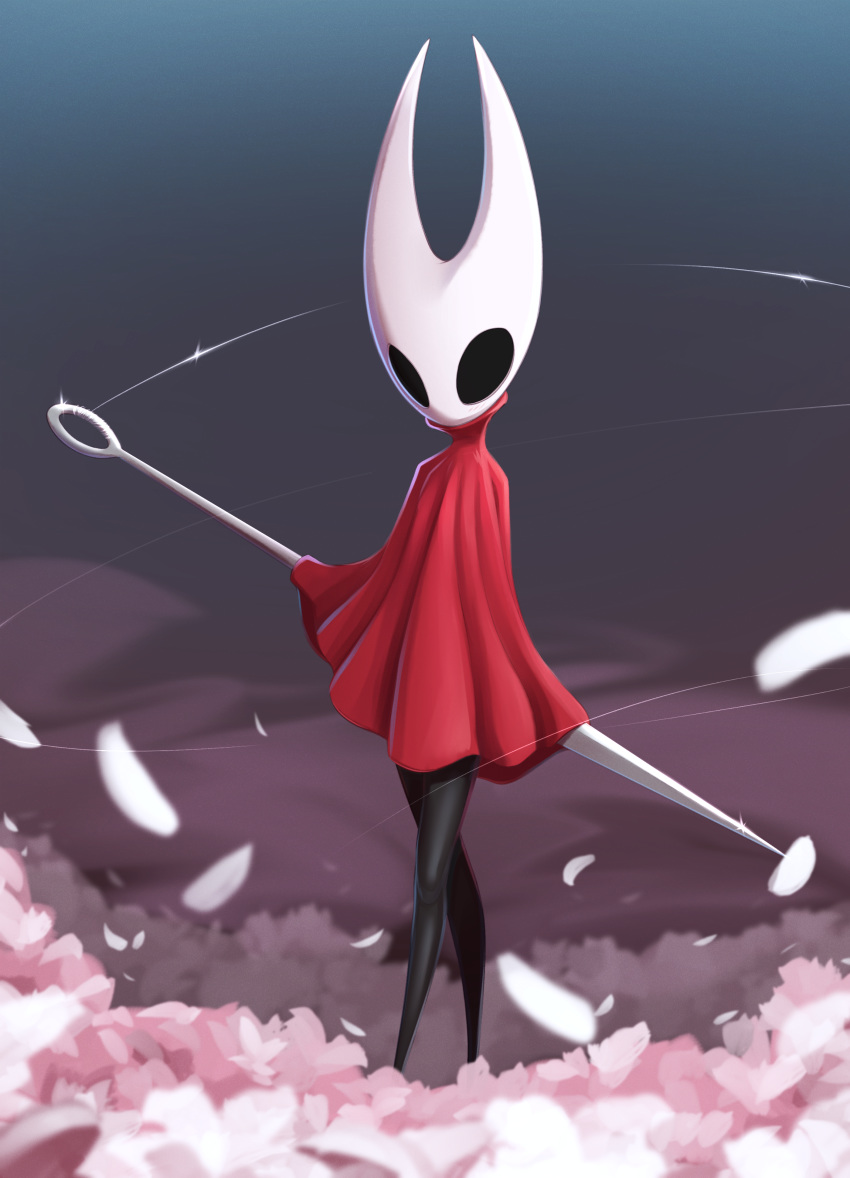 absurdres cloak commentary female full_body highres holding holding_weapon hollow_eyes hollow_knight hornet_(hollow_knight) horns long_sleeves looking_at_viewer needle needle_(hollow_knight) no_humans petals polearm pudgeruffian red_cloak simple_background solo sparkle spear standing weapon