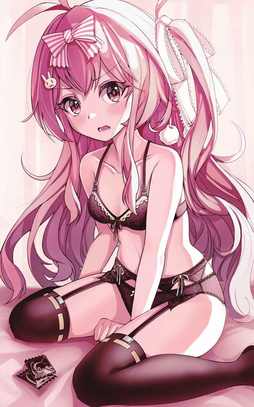 black_bra black_panties black_thighhighs blush bow bow_bra bow_panties bra breasts character_request condom female garter_belt garter_straps hair_ornament highres long_hair looking_at_viewer navel open_mouth original panties pink_hair purple_eyes ripnte sitting solo thighhighs underwear underwear_only yokozuwari