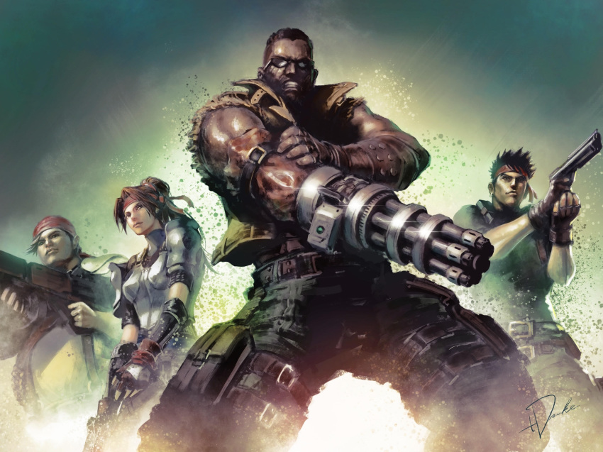 3boys arm_cannon armor bandana barret_wallace battle battle_rifle biggs_(ff7) breastplate commentary_request dark_skin female final_fantasy final_fantasy_vii final_fantasy_vii_remake gatling_gun gun handgun headband highres holding holding_gun holding_weapon jessie_rasberry male_focus manly mohawk multiple_boys muscular muscular_male photoshop_(medium) red_headband rifle sunglasses tdsuke very_dark_skin weapon wedge_(ff7)