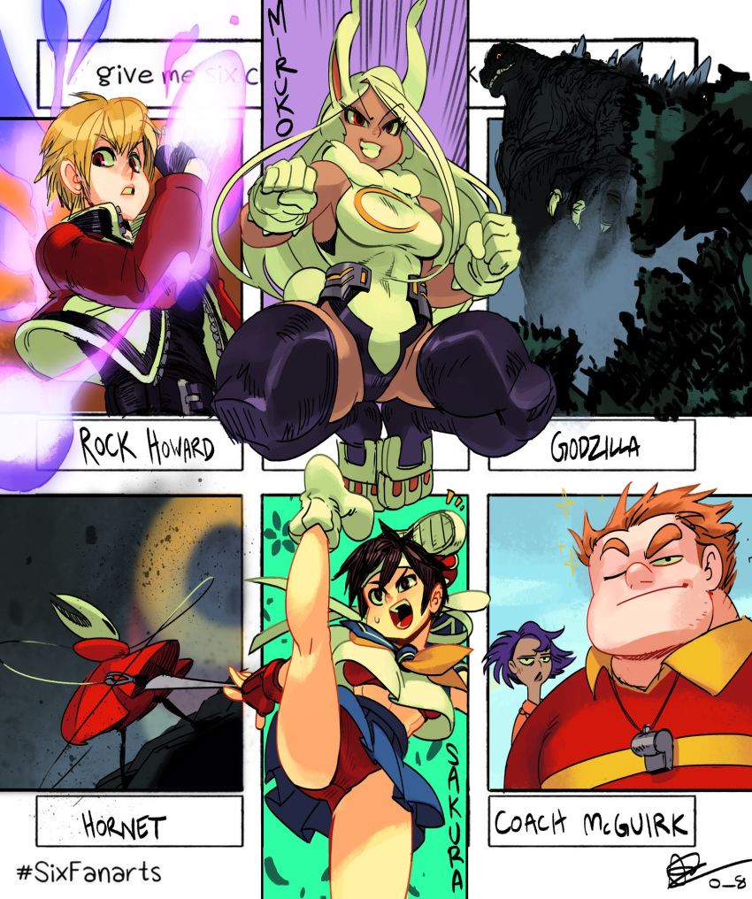 3boys 3girls alex_ahad blonde_hair boku_no_hero_academia character_name clenched_hands cloak coach_mcguirk commentary dark-skinned_female dark_skin english_commentary fatal_fury garou:_mark_of_the_wolves godzilla godzilla_(series) high_kick highres hollow_knight home_movies hornet_(hollow_knight) kaijuu kasugano_sakura kicking mirko multiple_boys multiple_drawing_challenge multiple_girls needle needle_(hollow_knight) paula_small red_eyes rock_howard shoes six_fanarts_challenge street_fighter street_fighter_zero_(series) superhero_costume thick_thighs thighhighs thighs unworn_shoes uppercut weapon