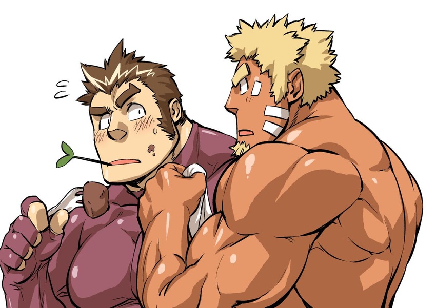 2boys bara blonde_hair blush bodysuit brown_hair dark-skinned_male dark_skin doga_(f-kare) eating facial_hair facial_mark food food_on_face goatee interracial large_pectorals leopard_(f-kare) long_sideburns male_focus mature_male mennsuke mint multiple_boys muscular muscular_male nude pectorals purple_bodysuit short_hair shoukan_yuusha_to_f-kei_kareshi sideburns simple_background taut_clothes thick_eyebrows towel upper_body yaoi