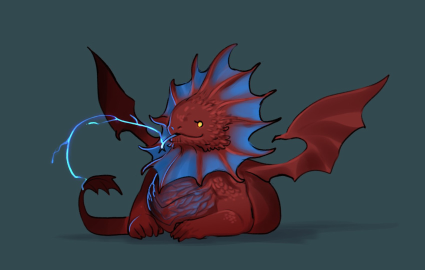 chibi closed_mouth commentary dragon english_commentary full_body grey_background less long_tongue lying magic:_the_gathering niv-mizzet no_humans scales simple_background solo tongue tongue_out western_dragon wings yellow_eyes