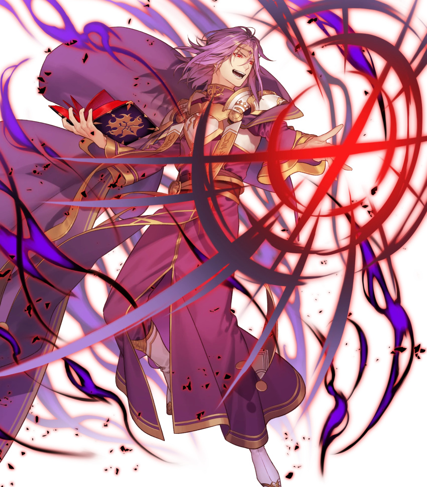 1boy alternate_costume aura belt book boots cape circlet fire_emblem fire_emblem:_the_sacred_stones fire_emblem_heroes full_body highres kazuki_yone long_hair lyon_(fire_emblem) non-web_source official_art open_mouth purple_hair red_eyes teeth transparent_background